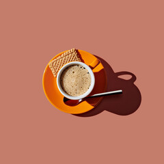 Top view of cups of coffee  on pink pastel background