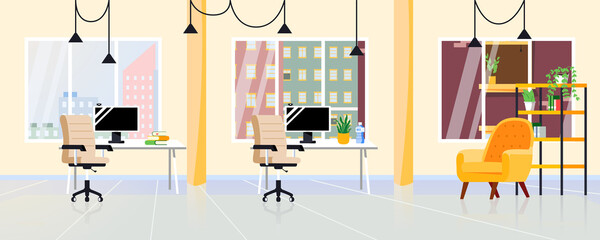 Office interior modern design. Coworking open space. Creative office pavilion. Empty business center background.
