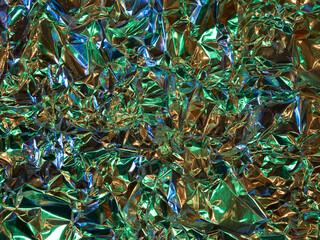 Closeup of abstract colorful crinkly shiny aluminum foil