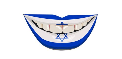 The flag of Israel on the lips. A woman's smile with white teeth. Vector illustration