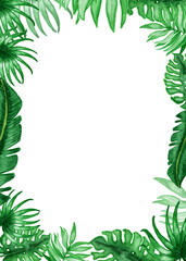 Fototapeta na wymiar Watercolor tropical frame. Tropical leaves.Background with watercolor tropical plants. banners, cards, greetings, invitations and many others. for invitation and greeting cards.