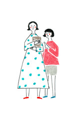 タブレットを使って検索する母娘