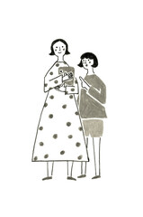 タブレットを使って検索する母娘