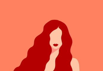 Beautiful сaucasian woman with long wavy red hair and red lips on a pastel background. Flat vector illustration