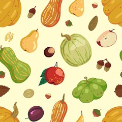 Fall harvest vector seamless pattern. Pumpkin, nuts, fruit. Autumn season ornament in simple cartoon style. Abstract сolored design for print, wrap, background, wallpaper, textile, fabric, decor, card