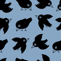 Cute flat ravens. Abstract hand drawn vector seamless pattern. Colored cartoon ornament with birds. Funny modern design for print, fabric, textile, background, wallpaper, wrap, card, decor.
