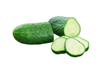 Cucumber and slices isolated on a white background.