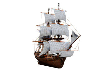 Front perspective 3D illustration of an old wooden pirate sailing ship isolated on a white background.
