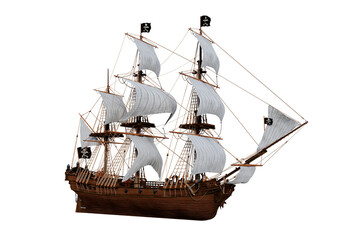 3D illustration of an old wooden pirate sailing ship isolated on a white background. - obrazy, fototapety, plakaty
