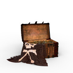 3D illustration of a wooden pirate treasure chest with Jolly Roger flag draped over the side isolated on a white background.