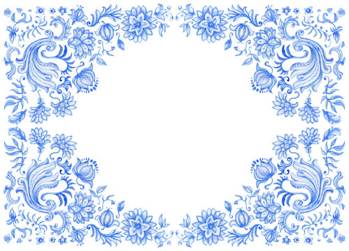 Watercolor painted indigo blue damask pattern vignette on a white background. Tile frame with hand drawn Baroque and floral ornaments in Mediterranean majolica ceramic painting style