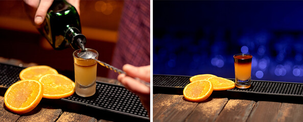 A collection of photos of a bartender making an alcoholic portion with an orange snack sprinkled...