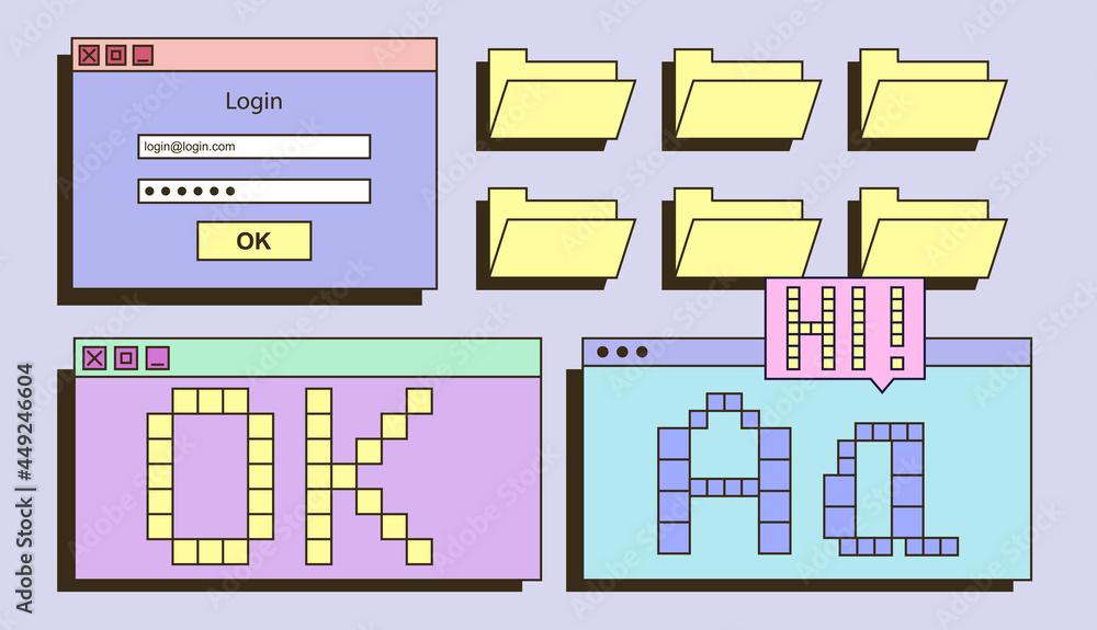 Fototapete retrowave ui and ux elements. window for dialog, download, and logging in with password and login. f