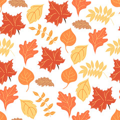 Seamless pattern with autumn leaves of maple and oak and mountain ash.