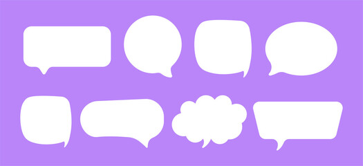 Set of speak bubble. Simple design elements for text of various shapes. Balloon in form of square, circle, rectangle and cloud. Sticker for web and app. Flat vector set isolated on purple background