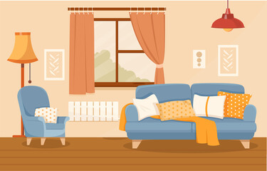 Living room interior concept. Beautiful room with fashionable furniture and decor. Sofa, armchair, lamp, curtains, paintings. Design solution for house. Cartoon colorful flat vector illustration
