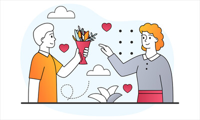 Valentine Day concept. Happy man in love gives woman bouquet of flowers. Couple goes on date. Holiday of love. Postcard and Valentine card. Cartoon doodle flat vector illustration on white background