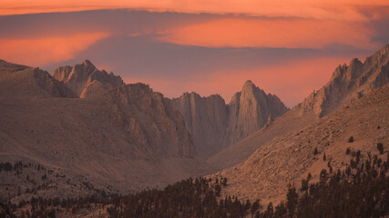 Sunset with dramatic clouds over Mount Whitney on the Pacific Crest Trail seen from Crabtree...