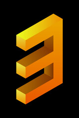 Gradient golden number 3 in isometric style. Yellow figure isolated on black background. Learning numbers, price, place.