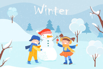 Cute winter landscape. Little boy and girl are making snowman. Snowy and cold weather. Children play in park with snowdrifts. Cartoon flat vector illustration for banners, posters and postcards
