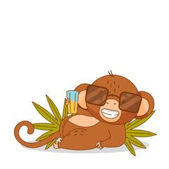 Cool monkey is resting and sunbathing. A marmoset on vacation. Cocktail. Sunglasses. Vector illustration