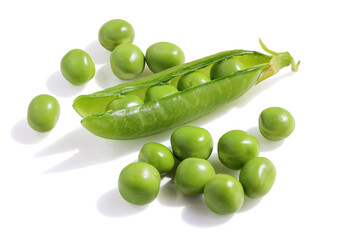 Green peas in pod and separate peas, isolated on white background