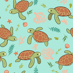 Seamless pattern with cute sea turtles. Vector graphics.