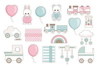 Big set of cute baby shower elements.  Invitations, cards, nursery decor