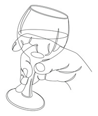 Silhouette of a man's hand with a glass of wine in a modern one line style. Continuous line drawing, aesthetic outline for home decor, posters, wall art, stickers, logo. Vector illustration.