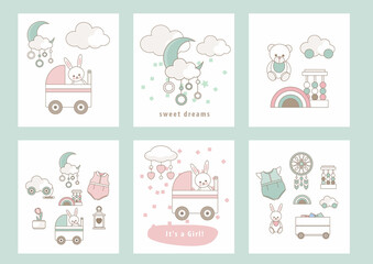 Set of cute cards or posters for baby shower, invitation,  nursery decor