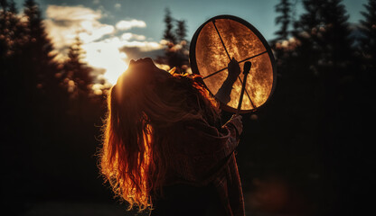 beautiful shamanic girl playing on shaman frame drum in the nature. - obrazy, fototapety, plakaty