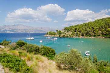 Picturesque sandy beach of Lovrecina on the northern coast of Brac island in Croatia.