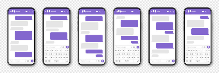 Realistic smartphone with messaging app. Blank SMS text frame. Conversation chat screen with violet message bubbles. Social media application. Vector illustration. - obrazy, fototapety, plakaty