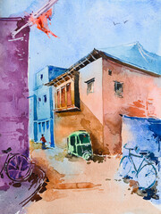 Watercolor painting of corner of urban lane, morning light. hand painted illustration. Includes bicycles, autorickshaw and a man passing. - obrazy, fototapety, plakaty
