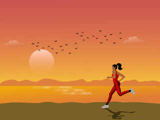 woman jogging on beach by the sea with sunset in the background