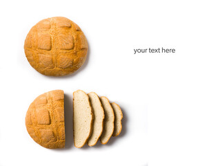 layout with whole loaf of bread, in half and sliced. White background. view from above. space for text