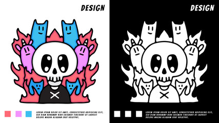 kawaii skull with unicorn and cat doodle illustration. For t-shirt prints and other uses.