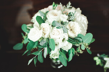 Beautiful wedding bouquet with different flowers, roses