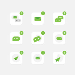 Messenger application set icon. Logo for Chat app. Logotype with letter and one new notice. Green. Flat design. Eps 10