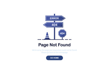 404 error page template for website. Direction sign. Page not found. Flat design. Blue. Eps 10