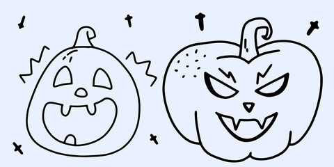 Set of scary pumpkins with a smile in doodle style. Halloween concept. Coloring. Vector illustration