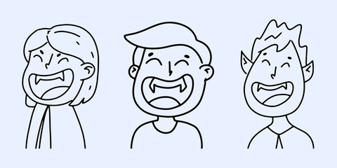 Set of vampires with a smile in doodle style. Halloween concept. Coloring. Vector illustration