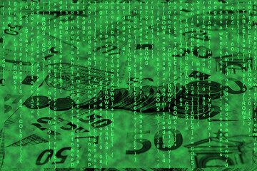 binary code grid from bright green numbers on the background of euro banknotes, ecommerce concept