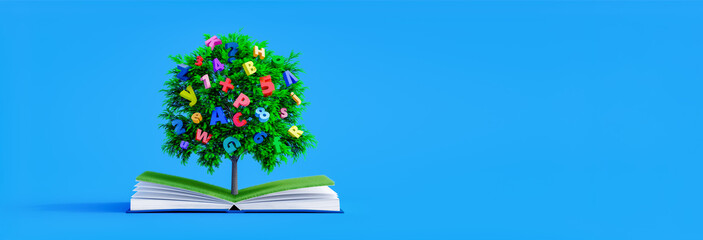Tree with letters and numbers grows from open book. Education and Knowledge concept 3d render 3d illustration