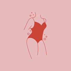 Minimalistic image of a woman in a swimsuit. Linear monochrome illustration of girl's body