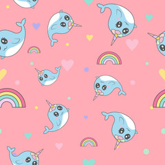 Cute narwhal seamless pattern with flat heart and adorable colorful rainbow on pink background pastel color. Vector Illustration.