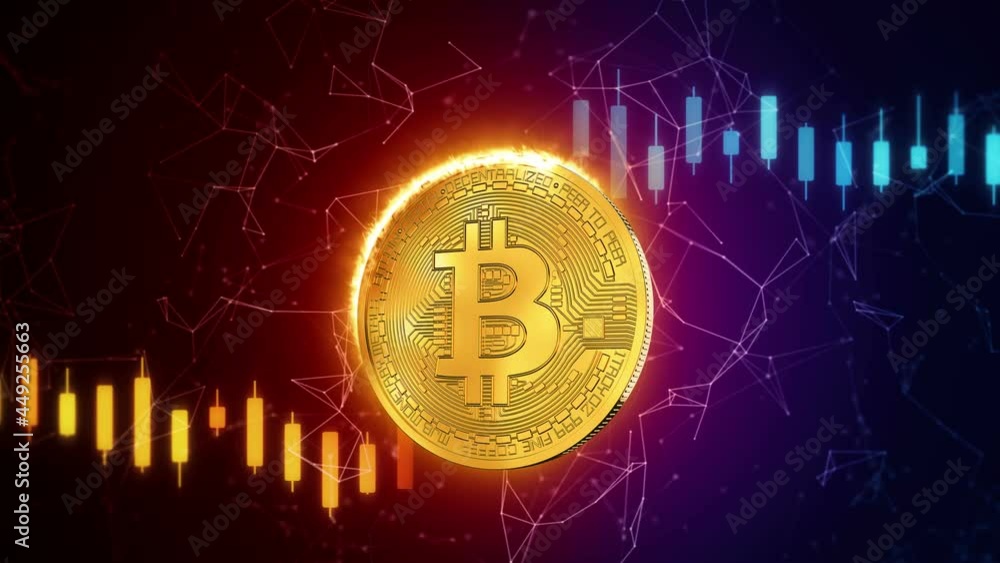 Aufkleber video animation of a golden burning bitcoin on a background with a trading chart - physical bitcoin 