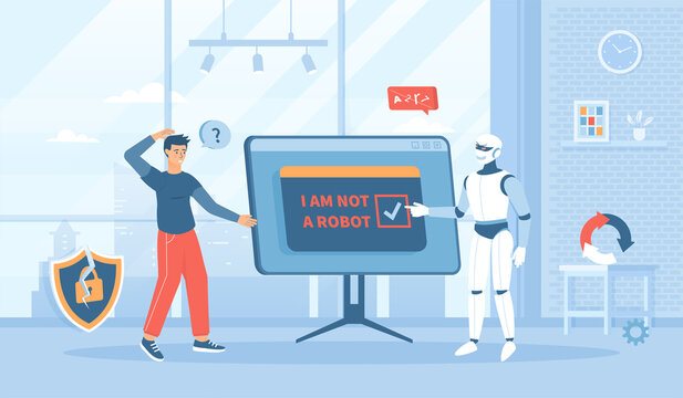 Bypass Captcha, Anti Captcha, Solving service, AI. Robot clicking on captcha - I am not a robot.  Flat cartoon vector illustration with people characters for banner, website design or landing web page
