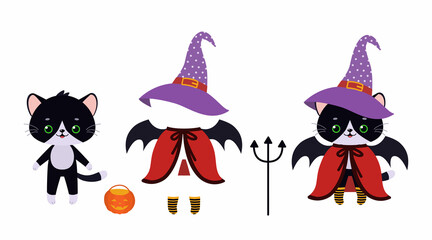 Dress up cute kawaii paper cat in Halloween costume. Vector illustration. Cartoon flat style