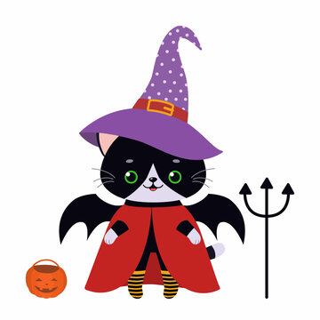 Cute black kawaii cat in cloak and hat for Halloween isolated on white background. Vector illustration. Cartoon flat style